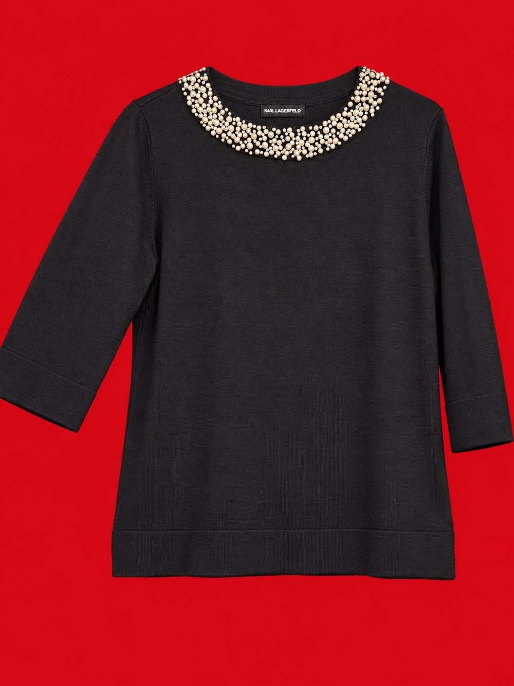Karl Lagerfeld Black Knit Top with Pearl Collar NWT
